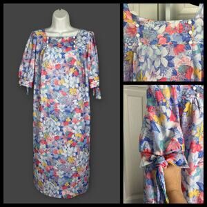 70s Vintage Femme of Dallas Floral Tie Sleeve Colorful House Dress Large